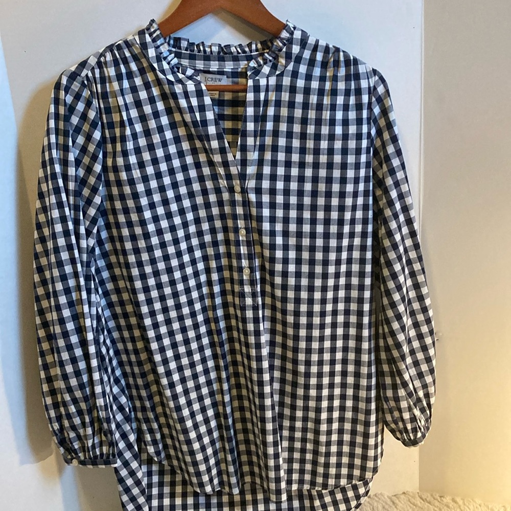 J Crew navy plaid tunic blouse partial button up ruffle neck fall picnic preppy